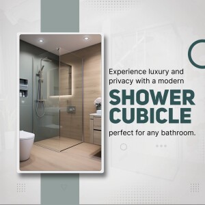 A modern bathroom featuring a glass shower cubicle with a wooden accent wall.