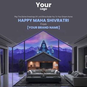 Maha Shivratri greeting with Lord Shiva image and a modern home interior.