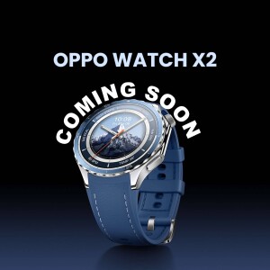 OPPO Watch X2 smartwatch with a blue strap, announcing its upcoming release.
