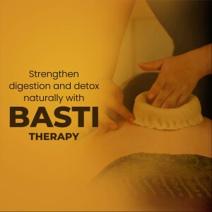 Close-up of a Basti therapy session, showing hands applying a circular massage tool to a person's back.