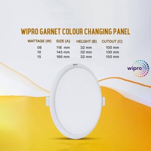 Wipro Garnet Colour Changing LED Panel Light - Wattage, Size, Height and Cutout Details