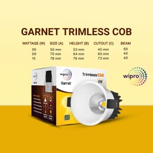 Wipro Garnet Trimless COB spotlight product image with specifications