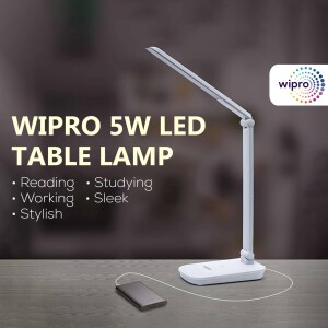 White Wipro 5W LED table lamp on a wooden surface