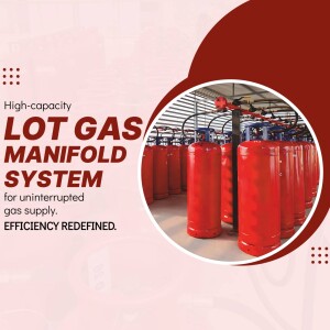 Red gas cylinders arranged in a row with text overlay promoting a lot gas manifold system