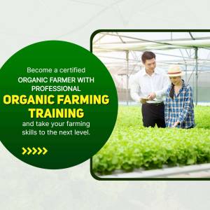Image of a farmer and trainee in a greenhouse promoting organic farming training.