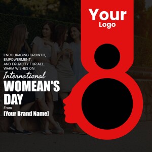 Women celebrating International Women's Day with a graphic of a woman's profile and the number 8.