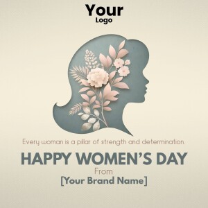 Silhouette of a woman's head filled with flowers with Women's Day greeting.