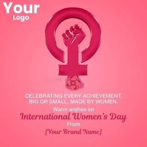 Feminist symbol with a raised fist and flower, celebrating International Women's Day