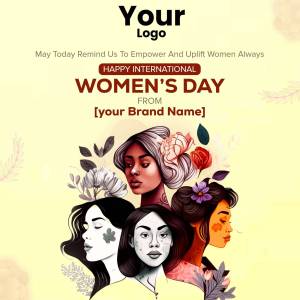 International Women's Day greeting with floral illustrations and diverse women portraits.