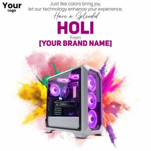 Holi festival greeting with a computer tower and colorful powder