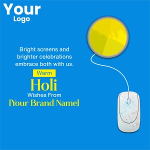 Holi festival greeting with digital elements like a computer mouse and screen.