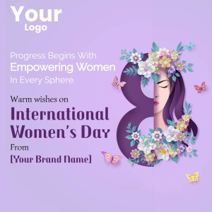 International Women's Day graphic with a woman's face formed from floral arrangements and a number 8.