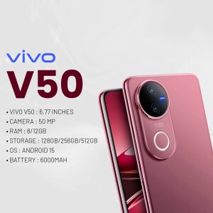 Vivo V50 smartphone in red color with specifications