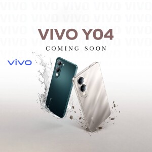 Vivo Y04 smartphone advertisement with splash effect