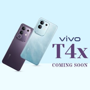 Vivo T4x smartphone in purple and blue colors with 'Coming Soon' text