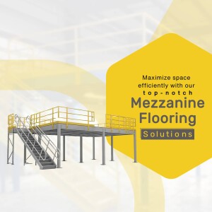 Image of a mezzanine flooring structure with yellow accents and text promoting space maximization.