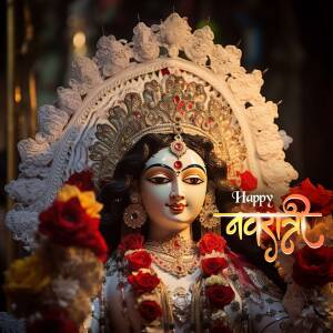 Close-up of a beautifully decorated Durga idol with red flowers and traditional ornamentation during Navratri festival.