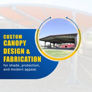 Image of a custom canopy structure with text overlay promoting design and fabrication services.