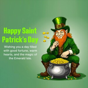 Cartoon leprechaun with a pot of gold and St. Patrick's Day greeting.