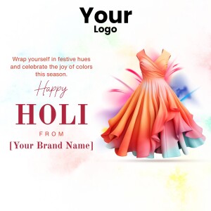 Holi festival advertisement with a colorful dress and festive text.