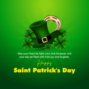 St. Patrick's Day greeting with a hat, shamrocks, and horseshoe