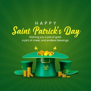 Saint Patrick's Day greeting with a pot of gold and hats