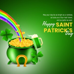 A vibrant St. Patrick's Day image featuring a pot of gold, rainbow, four-leaf clover, and a pint of beer.