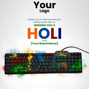 Holi festival greeting with a keyboard covered in colorful powder