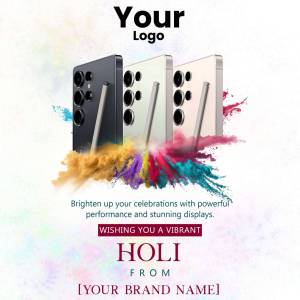 Three Samsung Galaxy phones with colorful Holi powder splashes