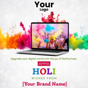 Laptop displaying a vibrant Holi celebration with colorful powder, promoting festive digital experiences.