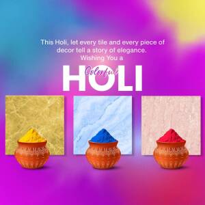 Holi festival decorations with colorful pots and marble tiles