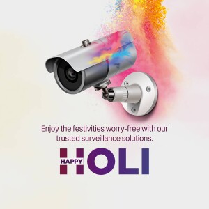 Security camera with Holi color splash and text 'Happy Holi'