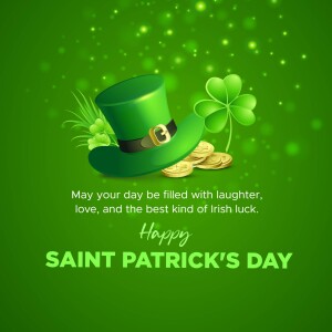 St. Patrick's Day greeting with a hat, clover, and gold coins
