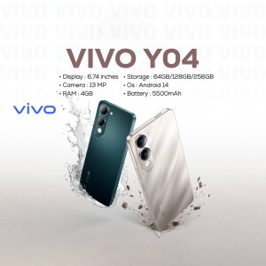 Vivo Y04 smartphone in dark green and golden color with specifications
