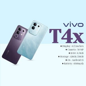 Vivo T4x smartphone in purple and blue colors with specifications