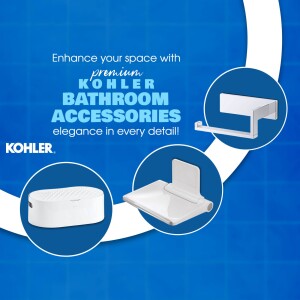 Kohler bathroom accessories including soap dispenser, shelf, and towel rack on a blue background.