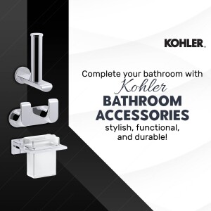 Kohler bathroom accessories set including towel rack, robe hook, and soap dish