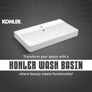 White rectangular Kohler wash basin on a dark background
