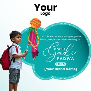 A young boy holding a Gudi Padwa flag with a festive background.
