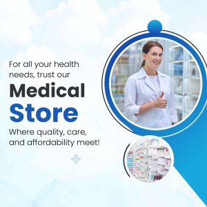 Advertisement for a medical store with a pharmacist and medical supplies.
