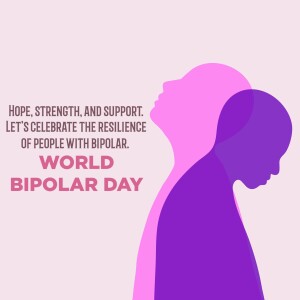 Illustration of two silhouetted faces, one pink and one purple, representing people with bipolar disorder. Text reads 'Hope, Strength, and Support. Let's celebrate the resilience of people with bipolar. World Bipolar Day.'