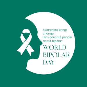 Image depicting a silhouette of a face with a ribbon for bipolar awareness and text promoting World Bipolar Day.