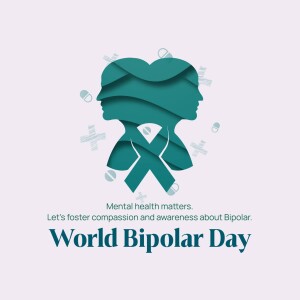 Illustration representing World Bipolar Day with silhouettes of faces and a ribbon.