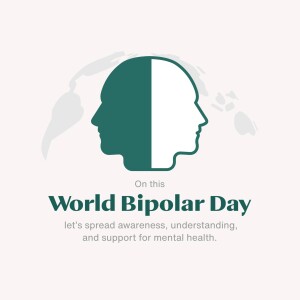 Illustration representing two faces, one dark and one light, symbolizing the duality of bipolar disorder, with text promoting World Bipolar Day.