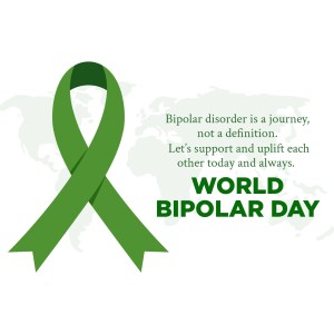 Green ribbon symbolizing bipolar disorder awareness with text promoting support and World Bipolar Day.