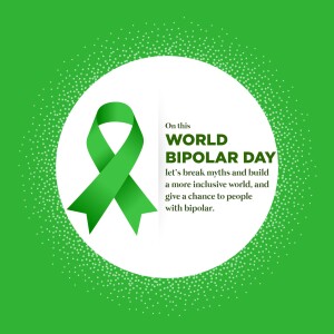 Green ribbon with text 'World Bipolar Day' on a green background