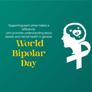 Image promoting World Bipolar Day with a silhouette of a head and a green ribbon.