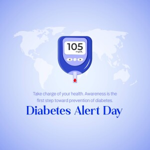 Image depicting a blood glucose meter with a reading of 105 mg/dL against a world map background, promoting diabetes awareness.