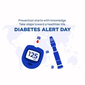 Image depicting Diabetes Alert Day with a blood glucose meter, syringe, and a world map in the background.