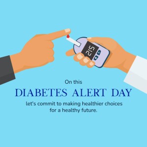 Illustration of a hand pricking a finger to test blood glucose with a glucose meter, promoting Diabetes Alert Day.